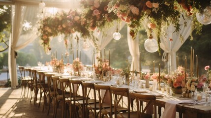Fototapeta na wymiar : Garden party with hanging floral installations, pastel linens, and natural sunlight.