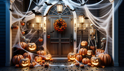 Straszny dom, Halloween, drzwi, cukierek albo psikus, dynia, lampiony, pajęczyny, pająki i nietoperze, wieniec, latarnie - obrazy, fototapety, plakaty