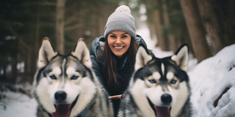 Young woman musher behind sleigh at sled husky dog race on snow in winter forest - obrazy, fototapety, plakaty