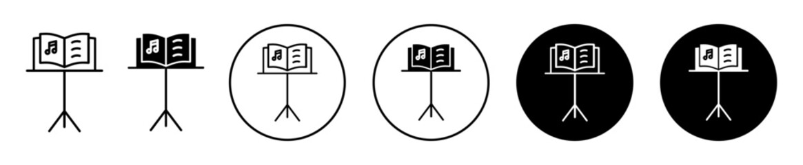 Music stand for scores icon. tripod with music notes and bits score symbol set. clef reading ledger for musician vector sign. music stand with score and note pitch line logo. 