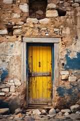 Fototapeta na wymiar Old ancient textured door in a stone wall in Greece