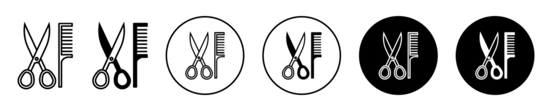 Comb And Scissors Icon. Hairdressing Barber Shop Tool Accessory Symbol Set. Hair Cut With Comb And Scissor Vector Sign. Hairstyle Grooming In Salon Line Logo. 