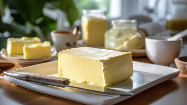 Pieces of butter on a plate on a kitchen table