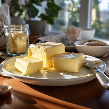 Pieces of butter on a plate on a kitchen table