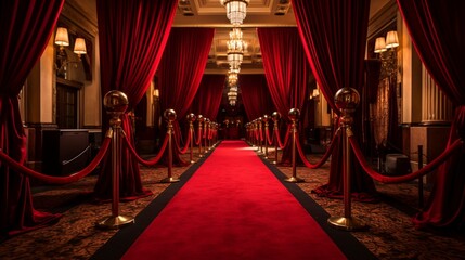 Hollywood glamour event with red carpet, velvet ropes, and golden accents.
