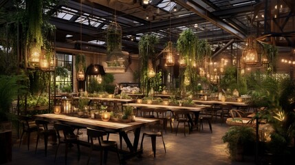 : Industrial greenhouse event with hanging plants, metal structures, and Edison bulb lighting. - obrazy, fototapety, plakaty