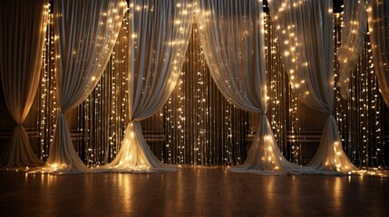 : Luxurious gold and silver-themed backdrop with shimmering curtains for a glamorous event.