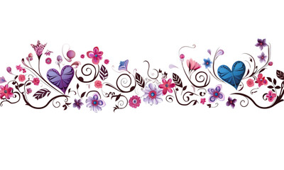 Border in the form of horizontal flowers and hearts on a white background