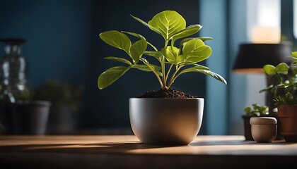green tree in a container symbolizes investment revenue, growth, and good financial outcomes, while a small plant on a table represents a small plant