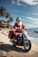 Christmas graphics Santa Claus on a motorcycle on a tropical beach
