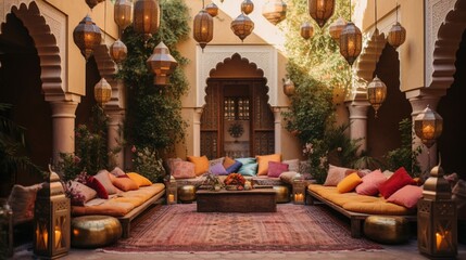 Fototapeta na wymiar : Moroccan courtyard birthday with vibrant textiles, lanterns, and traditional Middle Eastern decor.
