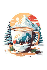 large hot coffee with whipped cream on the background of a winter landscape