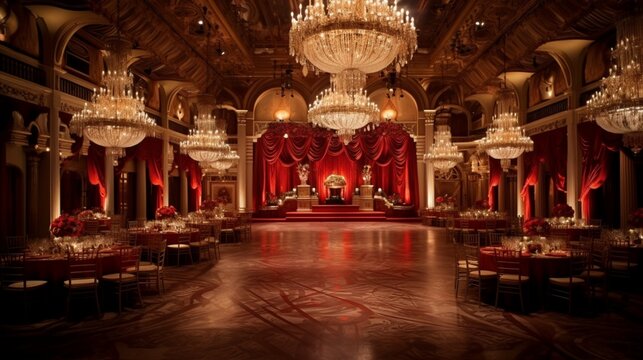 : Regal ballroom with high ceilings, crystal chandeliers, and opulent gold and red decor.