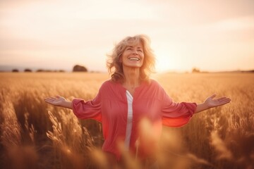 Backlit Portrait of calm happy smiling free senior woman with open arms and closed eyes enjoys a beautiful moment life on the fields at sunset