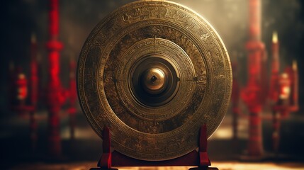 Golden Tibetan gong resting on a stand. Asian sound therapy for alternative healing and meditation. Symbol of Buddhism. Instrument for temple, sanctuary, yoga studio