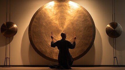Person playing golden Tibetan gong. Asian sound therapy for alternative healing and meditation. Symbol of Buddhism. Instrument for temple, sanctuary, yoga studio - obrazy, fototapety, plakaty
