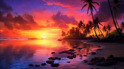 : Tropical beach sunset with palm trees, tiki torches, and warm orange and pink hues. - obrazy, fototapety, plakaty