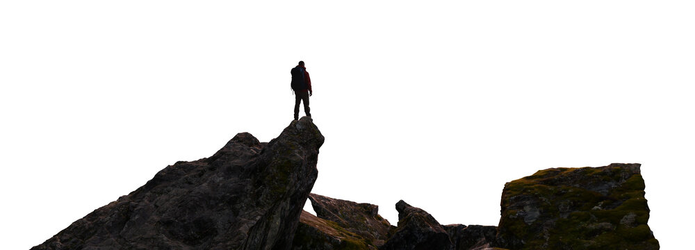 Adventure Man Hiker standing on top of Mountain Peak. Cutout on White Background. 3d Rendering