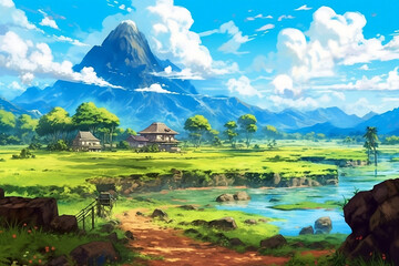 Beautiful anime landscape with a waterfall and a stream. Scenery of a farm countryside landscape. Beautiful anime style.