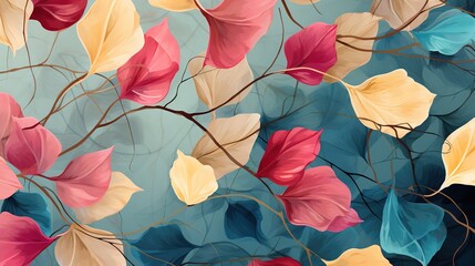 multi-colored background with leaves. pattern of leaves on the wall in transparent style.