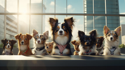 Several dogs sit in front of an empty desk in an office building. In the background you can see skyscrapers of a big city.