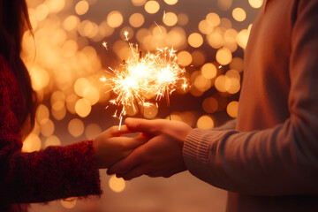 Hands of young couple holding flaming fireworks on festive gold glowing bokeh background. Celebration background with sparklers. - obrazy, fototapety, plakaty