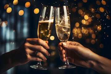 Hands of young couple holding champagne glasses on festive gold glowing bokeh background. Celebration background with sparkling wine. - obrazy, fototapety, plakaty