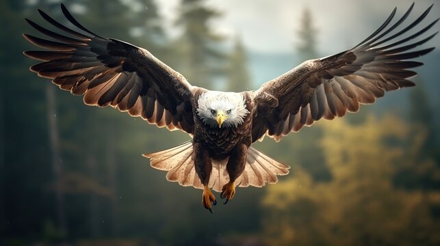 Bald eagle bird powerful and freedom with blurred background. AI generated image