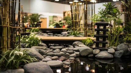 : Zen garden-inspired event with bamboo, pebbles, and calming water features.