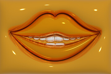 Mouth with yellow lips and white teeth, 3D rendering illustration