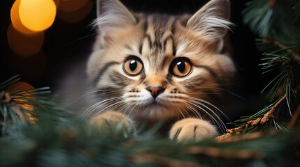 Cute little plush kitten sits under a green Christmas fir tree with Christmas lights