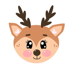 Vector christmas illustration of cute kawaii deer face, head. Illustration for poster, postcard, stickers, card, holidays. Head of deer in childish style isolated on white background