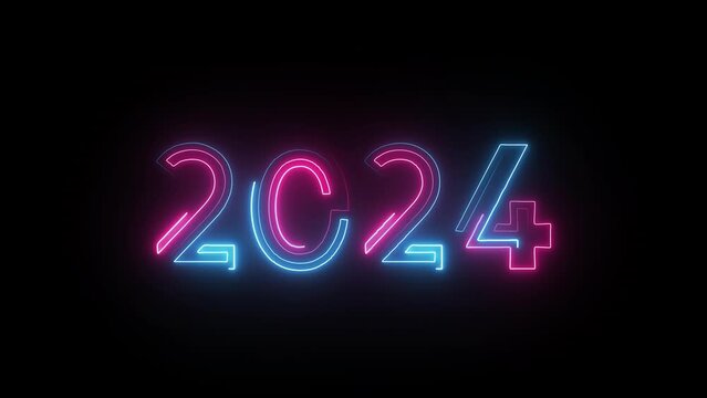 Happy new year 2024 greetings, new year 2024, neon numbers, alpha channel