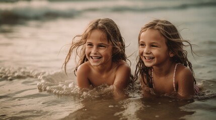 Fototapeta premium Happy little girls enjoying together at beach. Adorable little girls having fun together at the beach during summer vacation. Two happy young kids smiling at the camera while covered in beach sand.