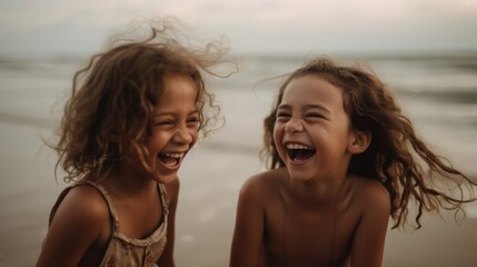 Happy little girls enjoying together at beach. Adorable little girls having fun together at the beach during summer vacation. Two happy young kids smiling at the camera while covered in beach sand.