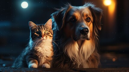 Happy pets. Adorable puppy dog and cat, portrait of man's faithful friends.