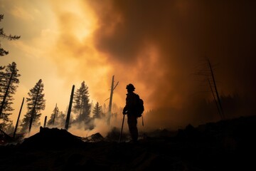 Dramatic silhouette of firefighter in forest fire