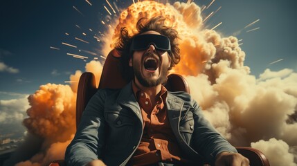 Amazed man in chair wearing VR glasses with the virtual exciting scene around