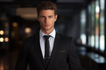 Professional looking young businessman, Portrait of a male executive posing confidently, blonde businessman, businessman in black suit, Sharp looking guy wearing blazer, positive entrepreneur