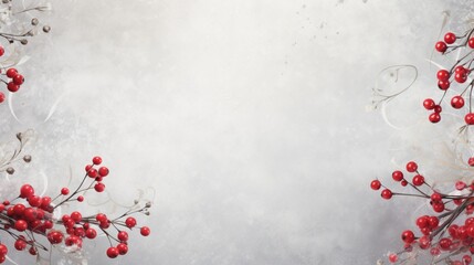 Create a festive Christmas scene with silver background and red berries, leaving room for text.