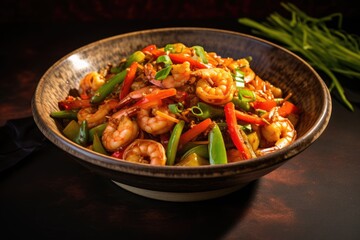 Shrimp and Vegetable Stir-Fry with Savory Sauce on a Wooden Table - A Gourmet Asian Cuisine Creation Featuring Scrumptious Seafood and Fresh Ingredients