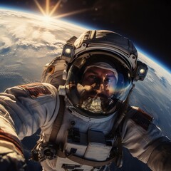 Spacewalk, astronaut cosmonaut, hovering above the ground, Beauty of deep space. Billions of galaxies in the universe. Boundless space, galaxy - obrazy, fototapety, plakaty