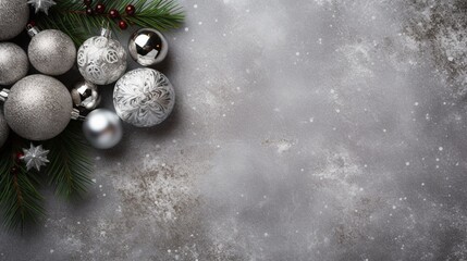 Create a top-down composition of Christmas decor against a silver background, leaving space for...