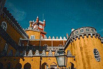 Lisboa, Portugal - 05.10.2023: Pena Palace, colorful building, seen from inside. Romanticist castle...