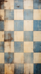 A detailed shot of a patterned tile floor in shades of blue and white