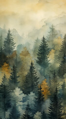 A vibrant landscape of a dense forest with towering trees