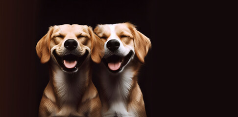 perros abrazados sonriendo sobre un fondo negro - obrazy, fototapety, plakaty