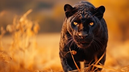 The leopard or black panther isolated on blur summer background. AI generated image