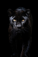 A sleek, powerful black panther with piercing yellow eyes prowls through the darkness, its fierce feline form blending seamlessly into the wild jungle landscape - obrazy, fototapety, plakaty