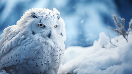 Snowy owl bird of prey looking at camera in snow. Snow-covered snow owl staring directly at the camera